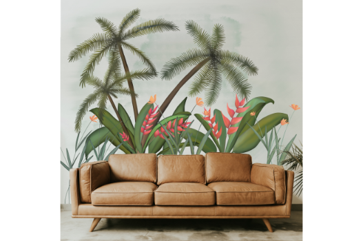 Mockup für eine Palmenlandschaft - Sommerfeeling hinter einem cognac farbender Ledercouch